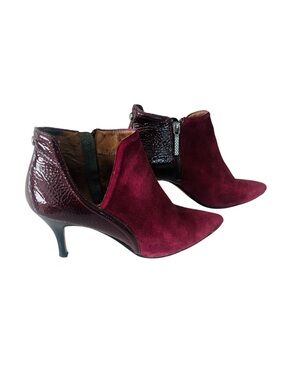Donald J Pliner Burgundy Suede Patent Leather Ankle Booties Women Size 8 Heels